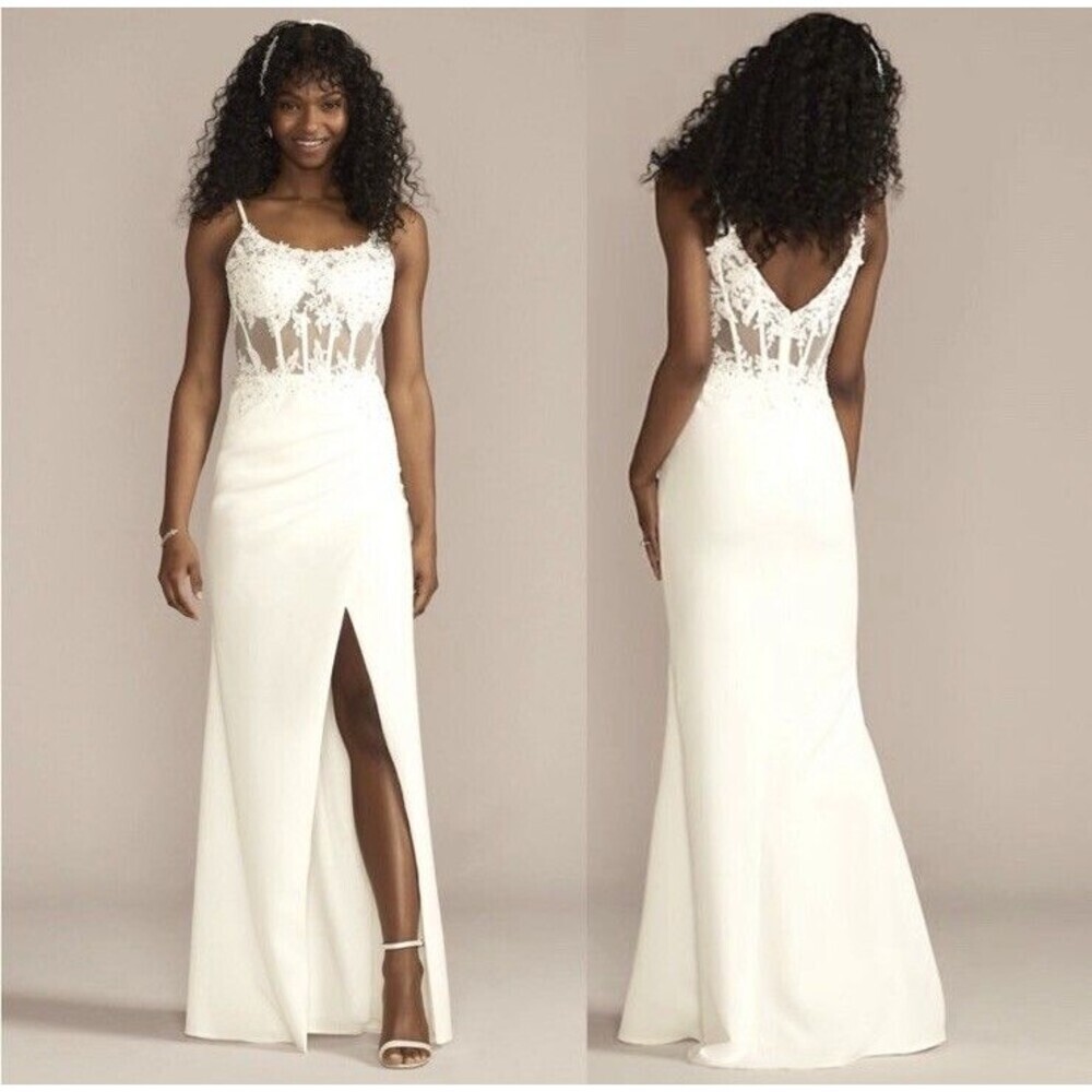 DB STUDIO Davis’s Bridal Illusion Corset Crepe Sheath Wedding Dress White Size 2